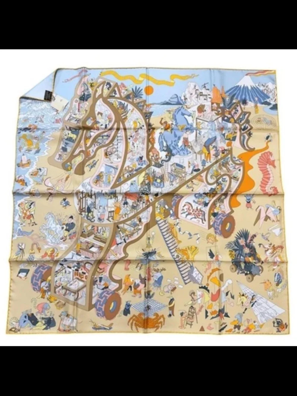 Hermes Silk Scarf Throw in Beige and Light Blue with Orange Accents